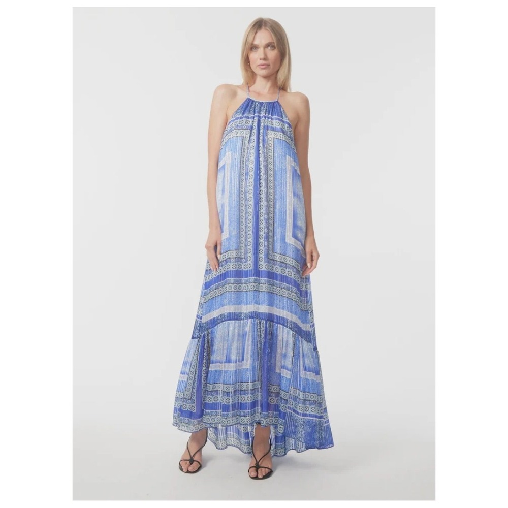 Gilner Farrar Tiana Dress Blue White Bavarian Silk Halter Tiered Maxi Grecian M